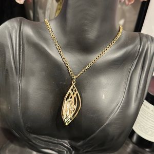 Crystals Inside Lattice Pendant in Gold Tone Necklace